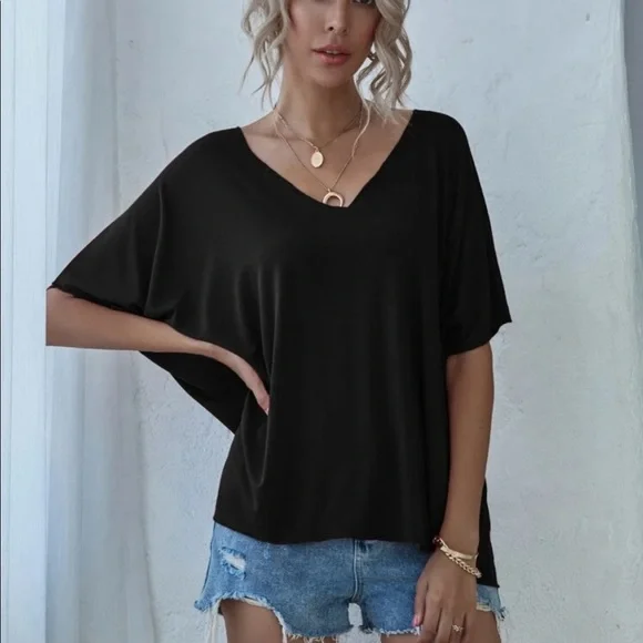 Black V Neck batwing sleeve slouchy tee - Picture 7 of 7